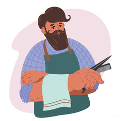 Vector portrait of a bearded stylish man, barber, hairdresser, stylist with scissors and a comb in his hands.