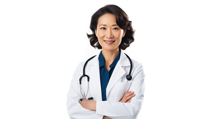 Fototapeta premium Medical doctor with stethoscope. Middle aged Asian woman wigh folded hands, smiling. Hospital staff concept. Studio photo on blue background. 