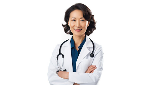 Medical doctor with stethoscope. Middle aged Asian woman wigh folded hands, smiling. Hospital staff concept. Studio photo on blue background. 