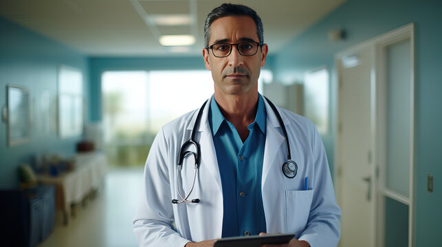 Photo Portra Of A Male Medical Doctor.  50 Years Old Indian Man Wearing White Coat And Holding Paper Clipboard. Healthcare Professional With Stethoscope. Blurred Hospital Interior On Background