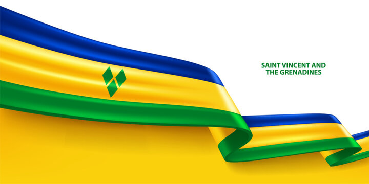 Saint Vincent and the Grenadines 3D ribbon flag. Bent waving 3D flag in colors of the Saint Vincent and the Grenadines national flag. National flag background design.