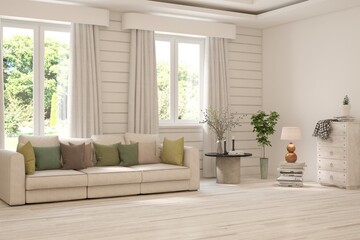 Bright interior design with modern furniture and summer landscape in window. 3D illustration