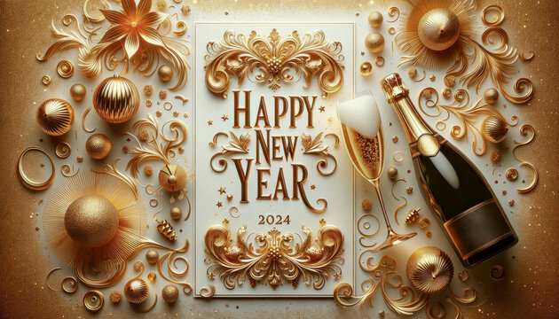 New Year Card for the year 2024 with a Beautiful Background Happy New Year is the center of attention The Ambiance is Emphasized by Golden Fireworks Wallpaper Digital Art