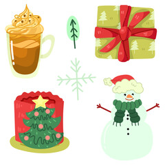 Happy new year set 2024 with cute holiday icons.Vector set of christmas icons cartoon set.