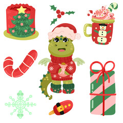 Happy new year set 2024 with cute dragon. Vector set of holiday icons: christmas cake, hot chocolate, sweets, gift. Kids illustration for Christmas time. Scrapbook collection. Winter greeting card. 
