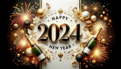 New Year Card for the year 2024 with a Beautiful Background Happy New Year is the center of attention The Ambiance is Emphasized by Golden Fireworks Wallpaper Digital Art