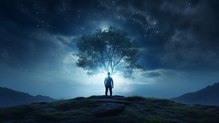 Man standing alone under night sky tree photography picture Ai generated art - obrazy, fototapety, plakaty