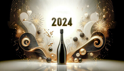 New Year Card for the year 2024 with a Beautiful Background Happy New Year is the center of attention The Ambiance is Emphasized by Golden Fireworks Wallpaper Digital Art