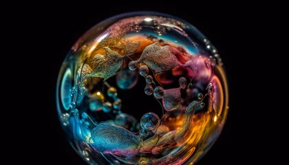 Fotobehang Transparent sphere reflects abstract multi colored pattern on black background generated by AI © Stockgiu