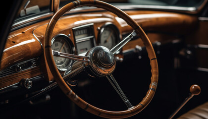 Vintage sports car with shiny chrome wheel and elegant leather interior generated by AI