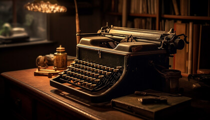Fototapeta na wymiar Antique typewriter on rustic desk evokes nostalgia for old fashioned literature generated by AI