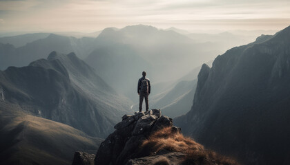 Fototapeta premium Standing on mountain peak, one person conquering extreme terrain generated by AI