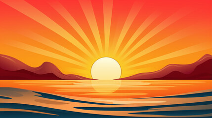 Fototapeta na wymiar Dynamic sunset over water with mountains illustration