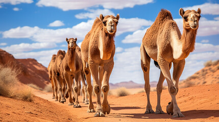 A Group of Wild Camels Walking across the Desert
