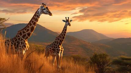 Fototapeta premium Giraffes Gracefully Grazing in the Serene Hills