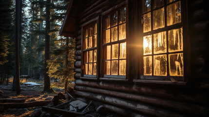 Glowing Windows of an Abandoned Forest Cabin at Night