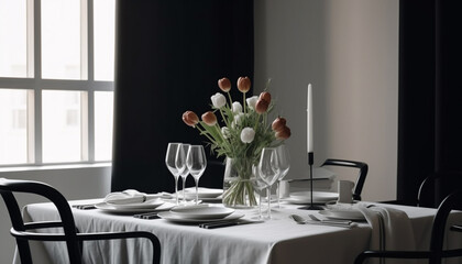 Modern luxury dining room with elegant decor and flower arrangement generated by AI