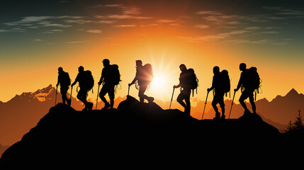 Silhouette of Hikers on Top of Mountaineous Background
