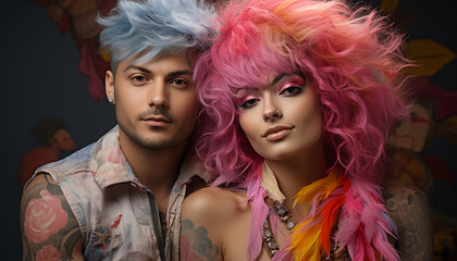 Fototapeta premium Beautiful fashion model couple exuding elegance and confidence on stage generated by AI