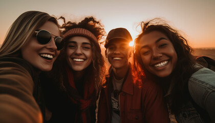 A group of carefree young adults enjoying a sunset selfie generated by AI