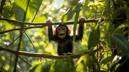 Playful Baby Chimpanzee Swinging from Jungle Tree Branch