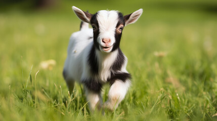 Adorable Black and White Pygmy Goat Frolicking in Lush Green Pasture