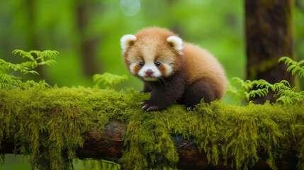 Naklejka premium Adorable Red Panda Sitting on Moss-Covered Tree Branch