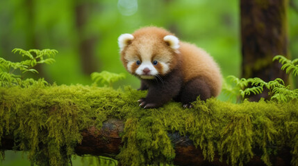 Adorable Red Panda Sitting on Moss-Covered Tree Branch