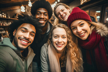 Group of happy young best friends taking selfies looking at camera and smiling on winter holidays and weekends - obrazy, fototapety, plakaty