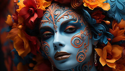 Obraz premium A beautiful woman with a floral hairstyle exudes elegance and glamour generated by AI