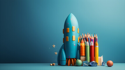colorful pencils with rocket launching back to school