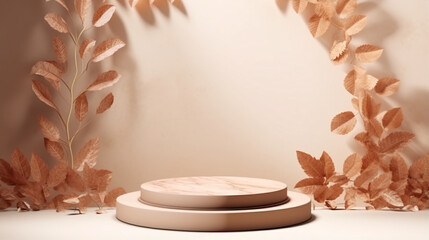 Beige Leaf Shadows and Wooden Plate on White Table