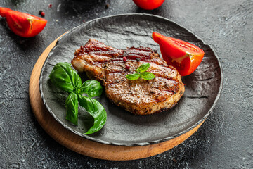 Grilled pork rib chop steak, Food recipe background. Close up