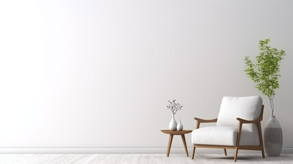 Fototapeta na wymiar Modern minimalist interior with a white chair and table on a hardwood floor