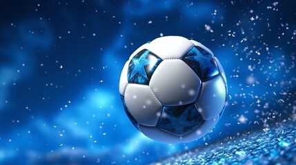 Fototapeta premium Soccer Ball Flying through Blue Sky with Particles