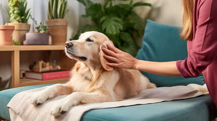 Woman Petting Pampered Dog On Couch 