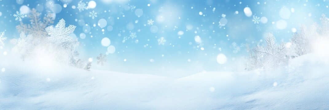 Winter snow background with snowdrifts, with beautiful light and snow flakes on the blue sky