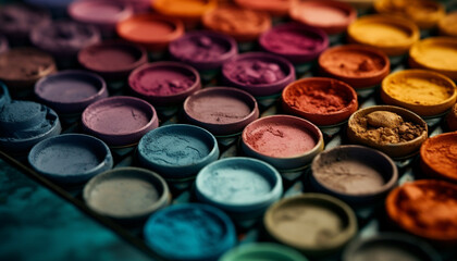 A vibrant collection of beauty products in a dusty arrangement generated by AI