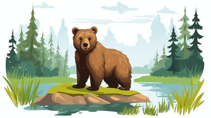 Illustration of a Playful Brown Bear by the River