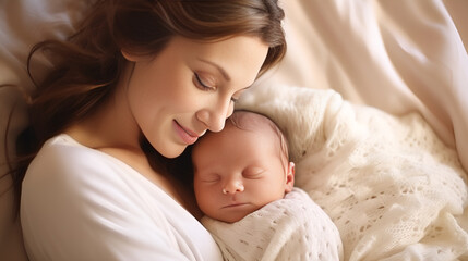 Fototapeta na wymiar Happy Young Mother Holding Newborn Baby in Arms
