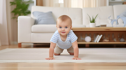 A Playful Baby Crawling Towards the Camera in a Living Room
