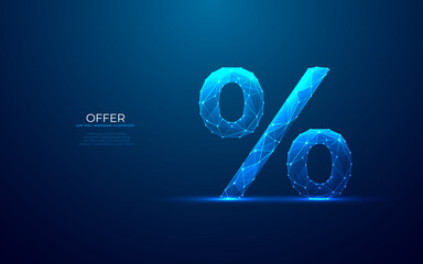 Digital percent icon. Abstract discount and offer concept. Low poly wireframe vector illustration in futuristic hologram blue style. Polygonal finance metaphor on dark blue background. - obrazy, fototapety, plakaty