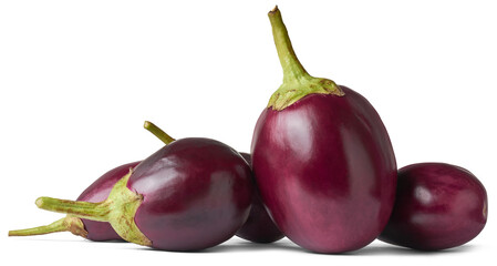 pile of eggplant or brinjal, aka aubergine, popular deep purple vegetable widely used in various cuisines isolated on white background, taken in side view - obrazy, fototapety, plakaty