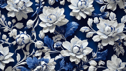 blue and white floral seamless pattern background generative ai