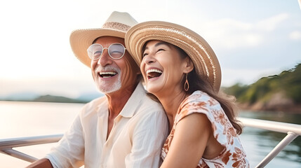 Naklejka premium Smiling Older Couple on a Boat Adventure for Retirement Travel and Vacation Luxury