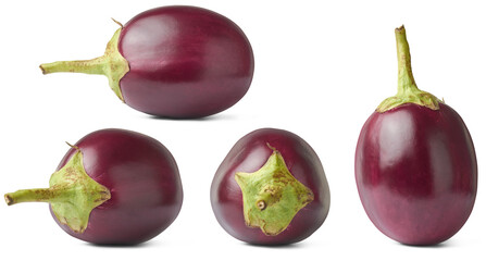 set of eggplant or brinjal, aka aubergine, popular deep purple vegetable widely used in various cuisines isolated on white background, taken in different angles