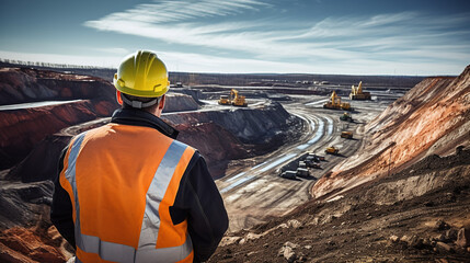 Man in Hard Hat Surveying Open Pit Copper Mine