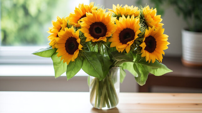 Yellow Sunflowers in  Crystallic Vase on Wooden Table