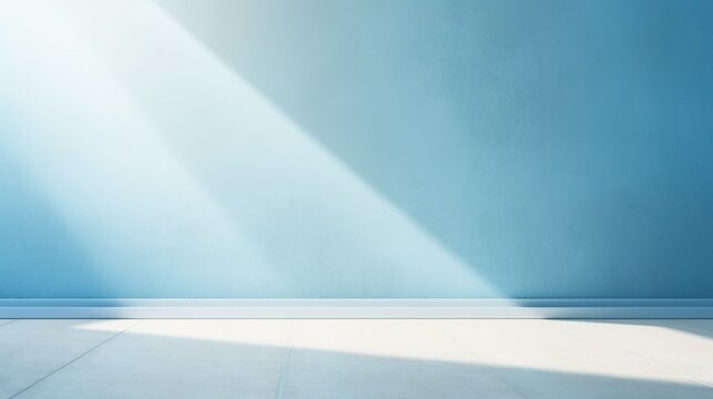 Universal background for presentation in light blue tones. Textured empty wall with sun highlights and shadows
