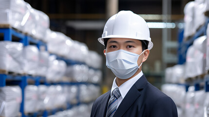 Business manager wearing a mask and hard hat in a factory, ensuring worker safety
